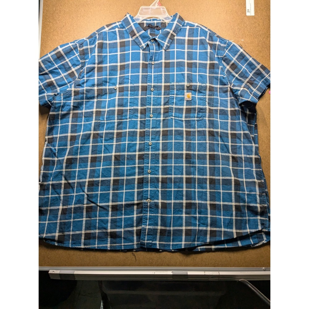 Carhartt Mens 4XL Relaxed Fit Short Sleeve Plaid Button Down Work Shirt Blue